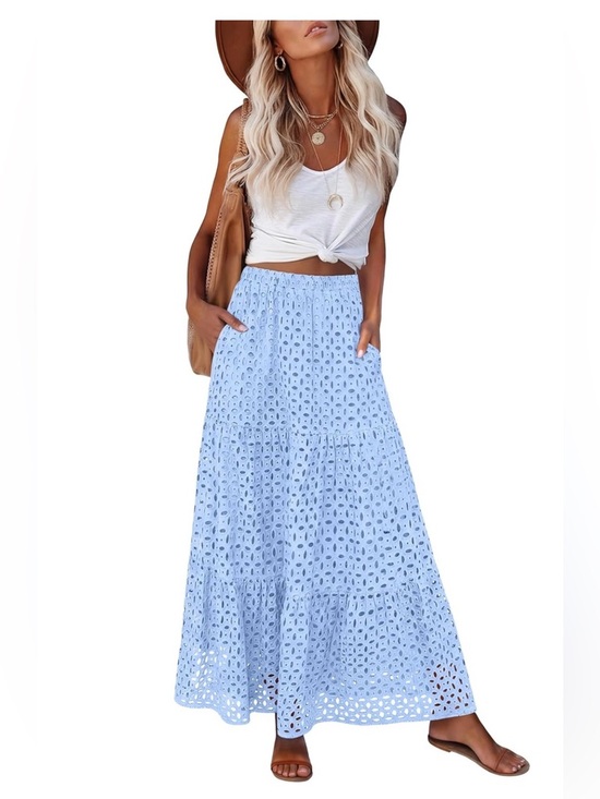 Dresses & Skirts - Rayon Maxi Skirt High Waist Tiered Eyelet A-Line Beach Vacation
